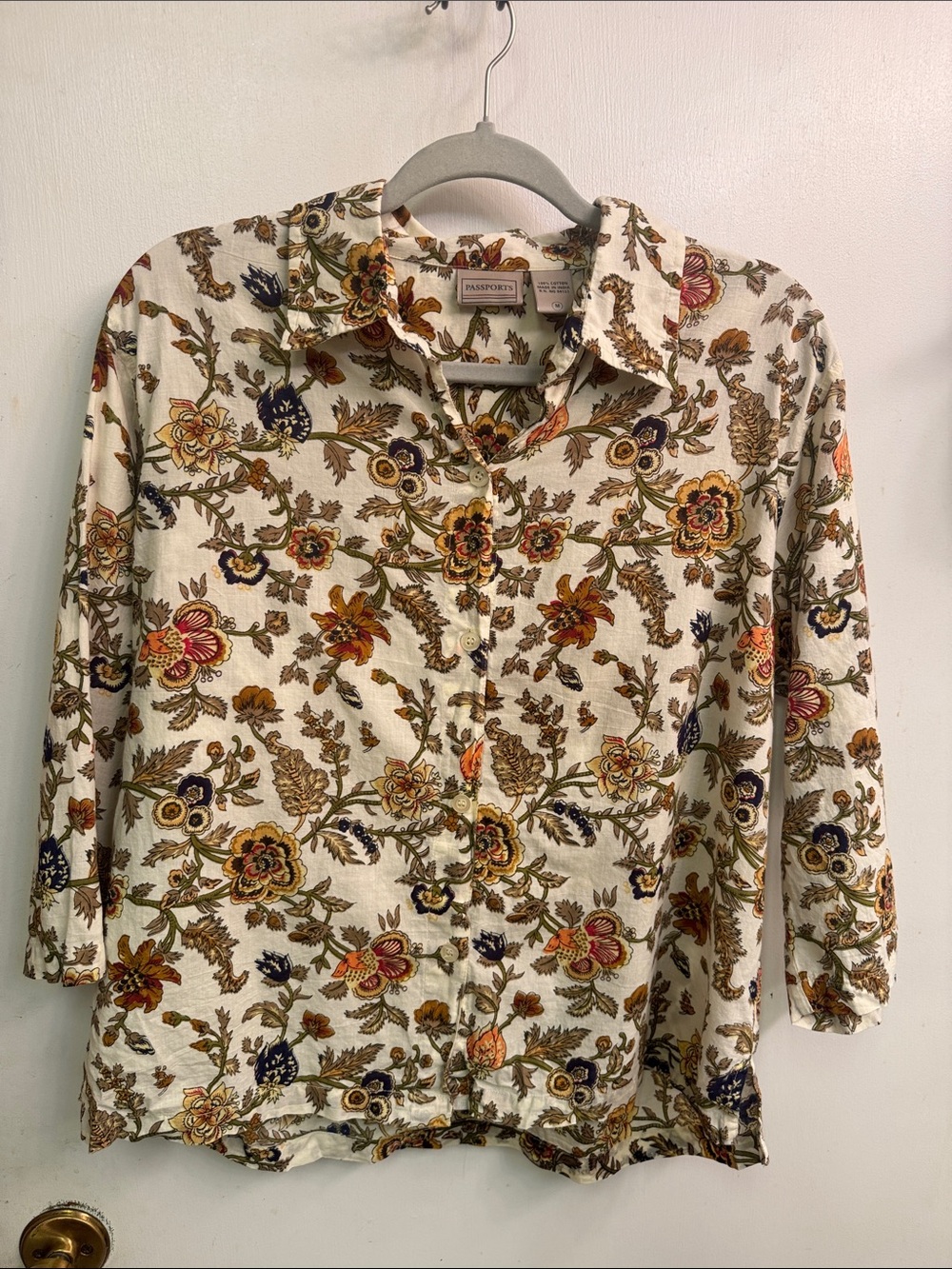 Passport vintage Floral 100% Cotton shirt in Cream, Brown, Olive & Mustard